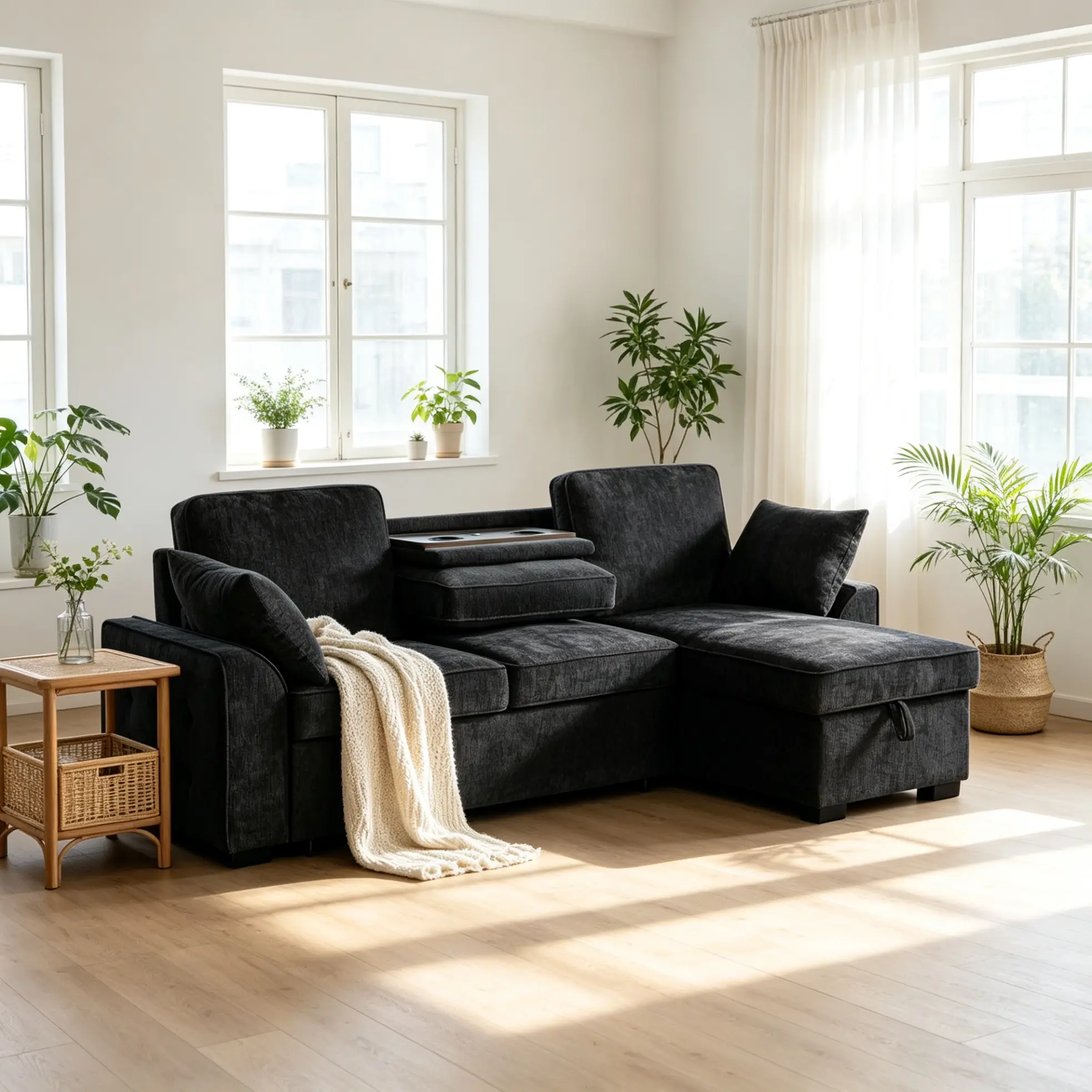 Multi-Functional Living Room Sectional Sofa Set, Indoor Furniture Ensemble with Removable Cup Holder Tray, Storage-Integrated Chaise and Adjustable Backrests