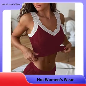 【Hot Women's Wear】New Spring/Summer 2pcs Set, Autumn/Winter Color-Block Lace Patchwork V-Neck Top with Chest Padding, Textured Ribbed Fabric, Off-Shoulder Sexy Loungewear Set, Comfortable Fabric Feel