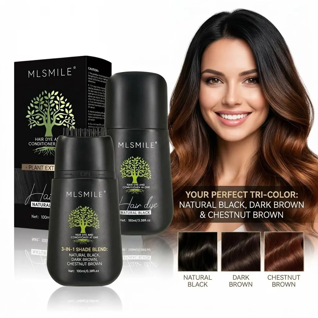3-in-1 Plant-Based Hair & Beard Dye Shampoo with Built-in Comb, 2-in-1 Hair Color & Conditioner, Gentle Herbal Formula, 100% Grey Coverage, 100ml Unisex At-Home Haircare for Chestnut Brown/Ombre/Natural Black, Covers Grey Hair Nourishing Haircare
