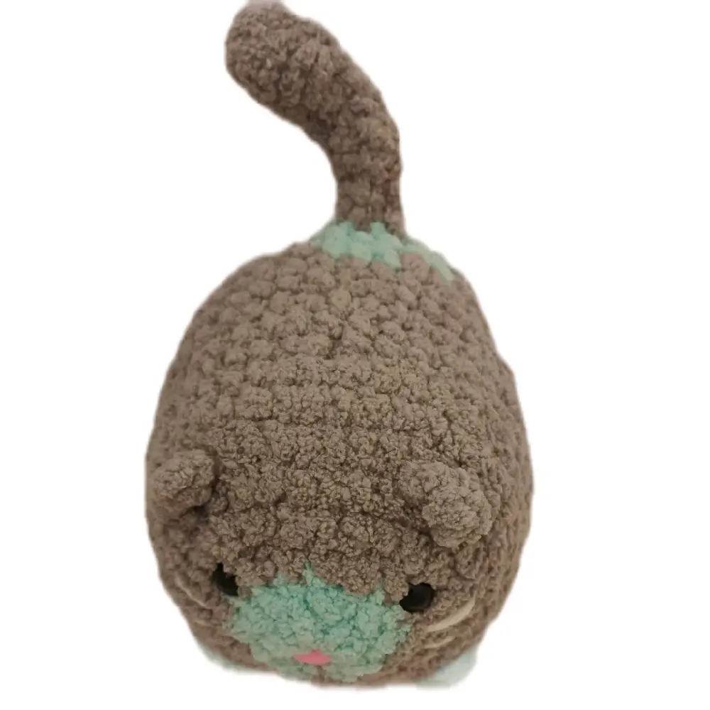 Crochet Kitty Cat Figurine - Adorable Handmade Plush Toy with Soft Brown Fur and Green Accents for Home Decor