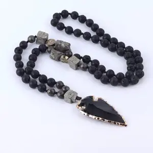 Lava Obsidian Beaded Long Necklace - Natural Black Crystal Gemstone Pendant, Adjustable Healing Balance Protection Jewelry, Unisex Daily & Festival Gift for Sports & Outdoor Protective Gear Use
