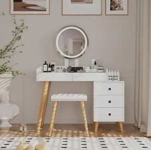 Dressing Table With LED Lights Glass Top Dressing Table With Extendable Side Table 5 Drawers Dressing Table With Mirror And Stool For Bedroom