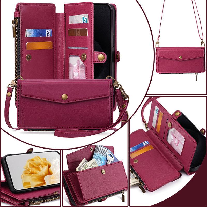 for iphone 17 pro max cases 16 16Plus 15 14 13 12 Pro Max Air Crossbody Wallet Phone Case, PU Leather Flip Purse Case with 5 Card Slots, Zipper Pocket, Adjustable Shoulder & Wrist Strap, Kickstand, Magnetic Closure, Multi-Functional Protective Phone Cover