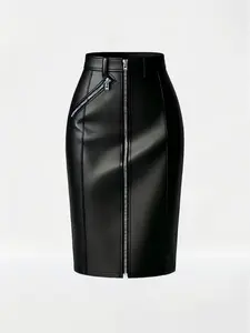 Elegant Women's PU Leather Woven Zipper Skirt, Slim Fit High Waist A-Line Dress, Casual Fashionable Back to School Womenswear