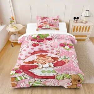 Strawberry Shortcake Character Print Comforter Set (2/3 Piece, 1 Lightweight Comforter + 1/2 Pillowcases), Cute Kawaii Pink Aesthetic Bedding, Soft Cozy Bed Set for Girls & Kids Bedroom (Multiple Sizes Available, No Pillow Core)