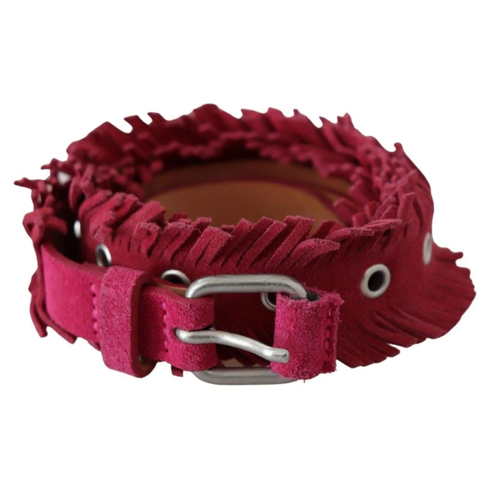 Ermanno Scervino Maroon Leather Fringes Silver Buckle Waist Belt
