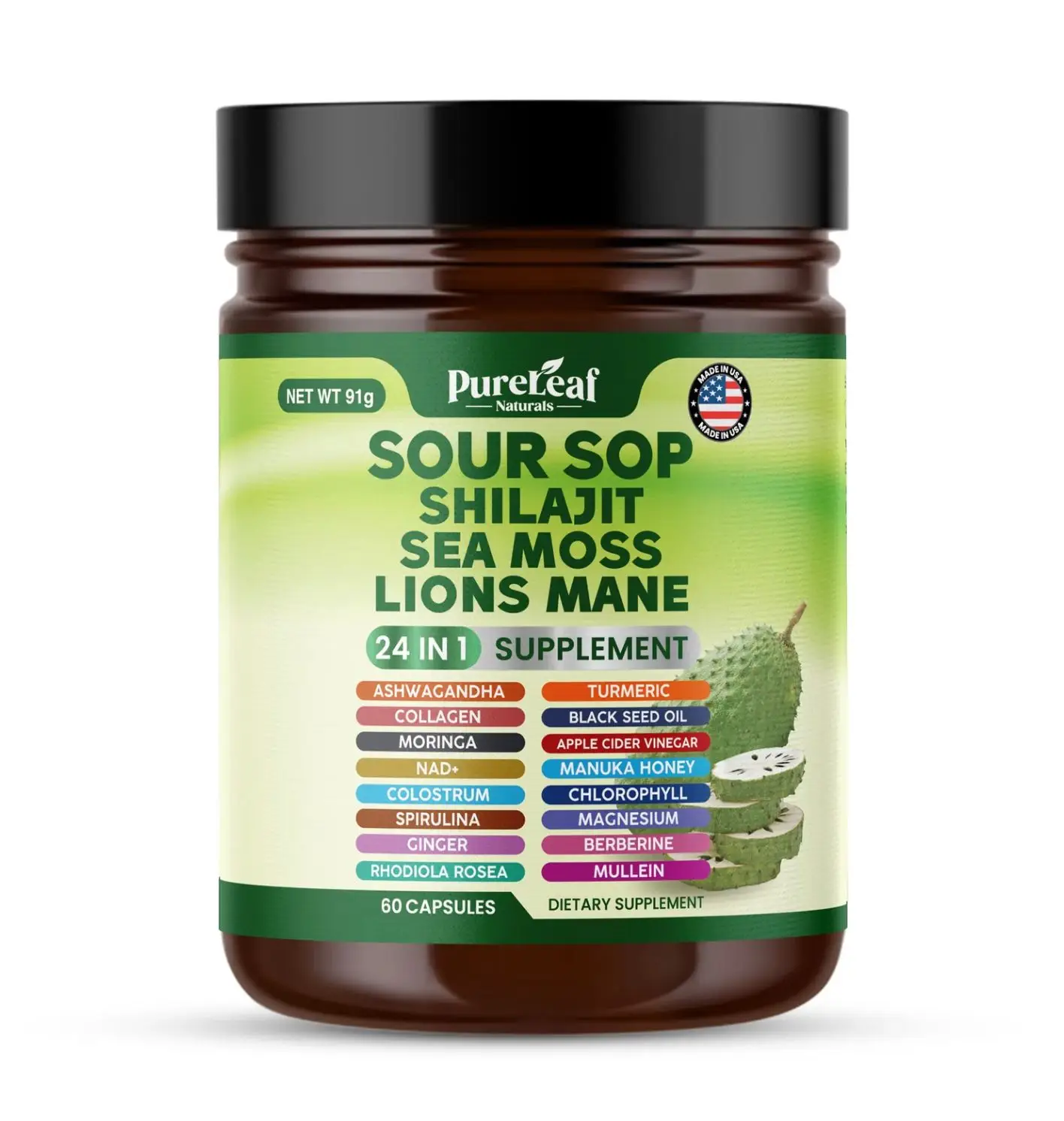 PureLeaf Soursop 24 in 1 Supplement - Soursop, Shilajit ,Sea Moss, Lion's Mane,...