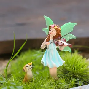 Creative Fluorescent Wing Violin Girl Statue, Garden Fairy Tale Scene, Garden Sculptures Statues, Hand-Painted Resin Craft, Bonsai Decoration, Garden Accessories, 2 Pieces