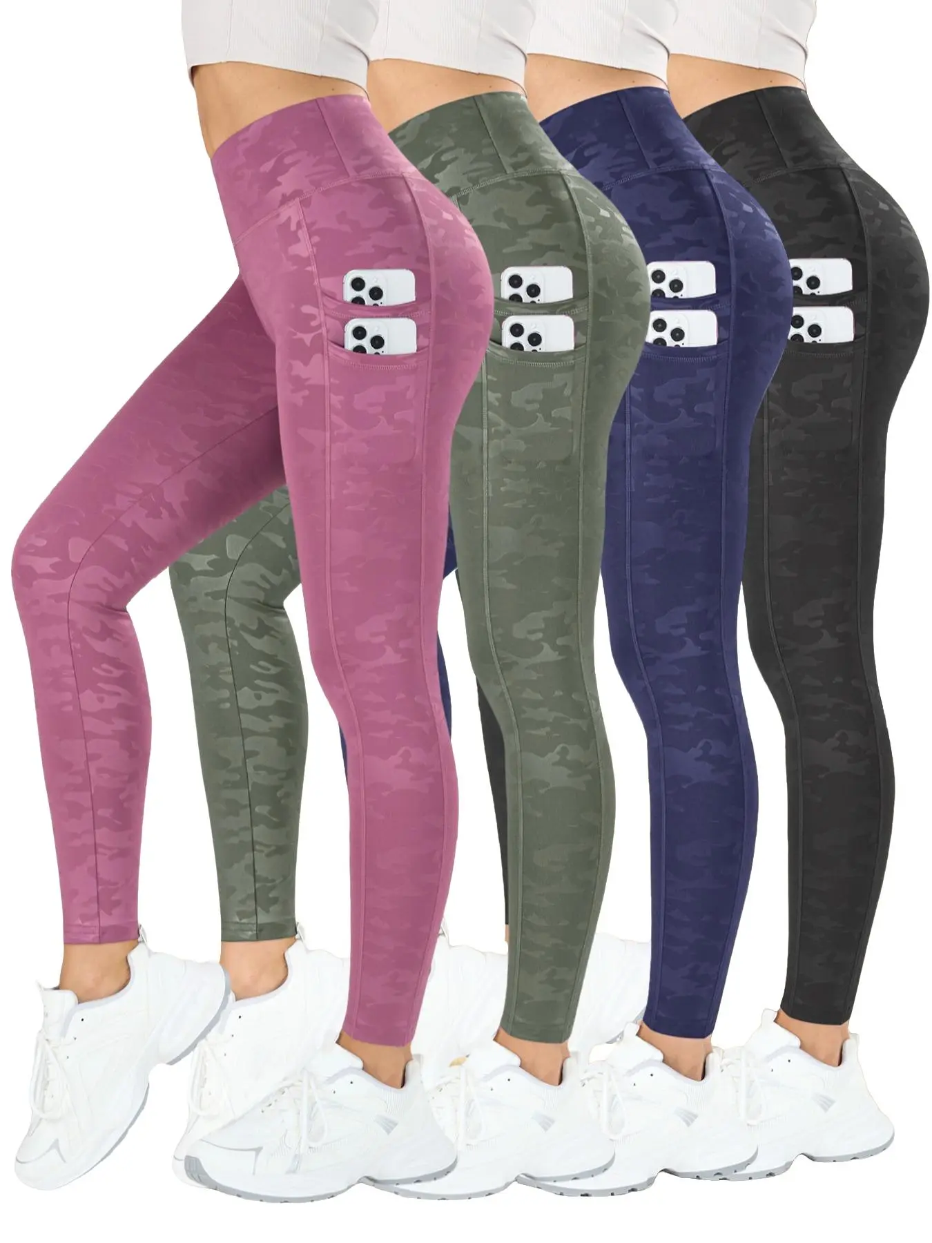 4PCS Women's Camo Print High Elasticity Stretchy High Waist Outdoor Fitness Training Pant Sweatpants, Dual Pocket Butt Lifting Shaping Pants, Breathable Comfort Casual Wear, Women Workout Clothes, Sports Stretchy Leggings, High Waist Sportswear
