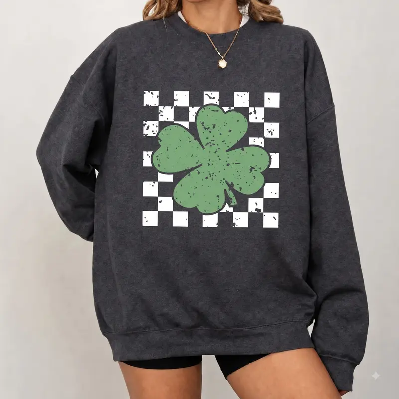 Retro Shamrock Sweatshirt - Checkered Shamrock - Lucky Hoodie - Lucky Shamrock - Retro Clover Sweater - Patrick’s Day Gift