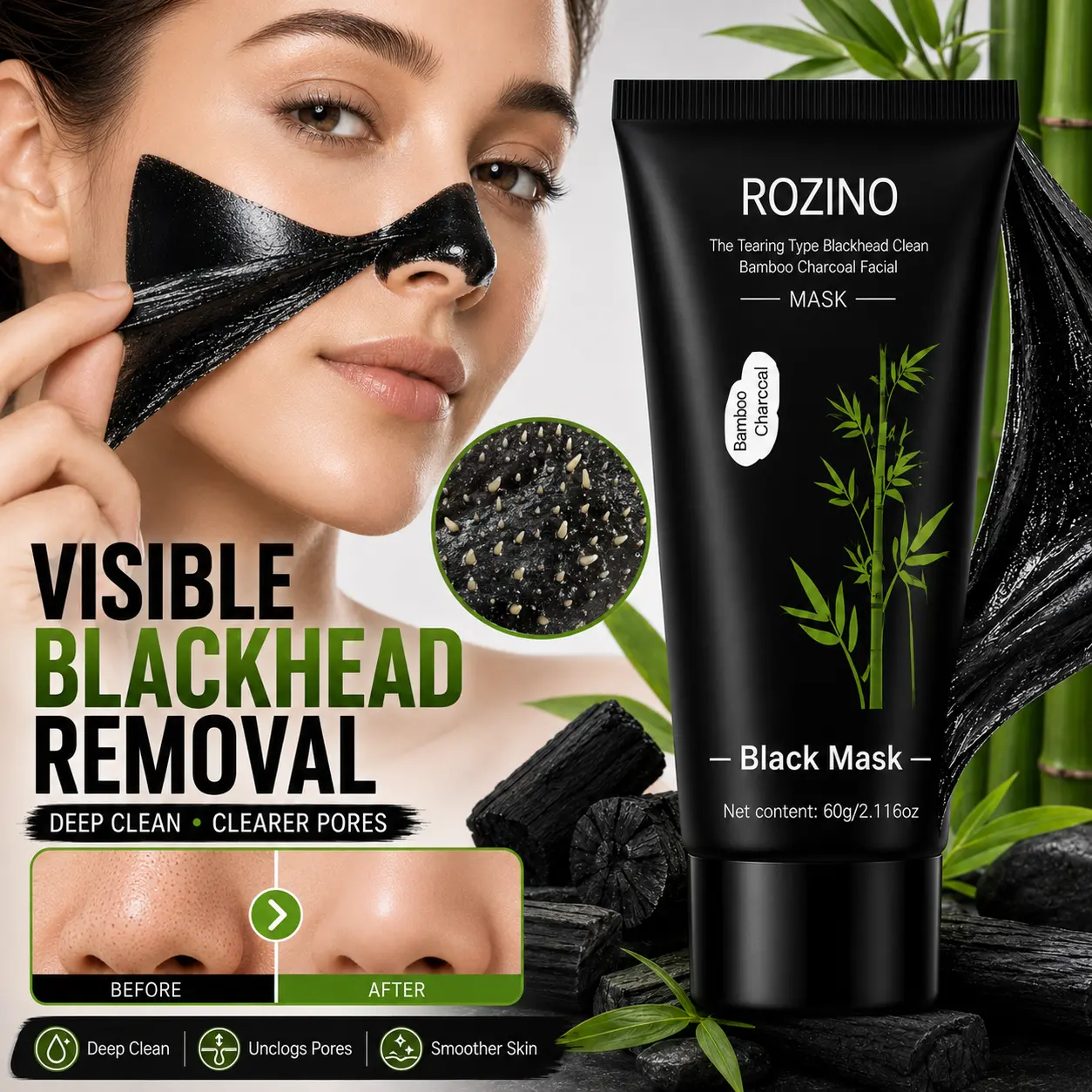 ROZINO Bamboo Charcoal Black Mask 60g, Deep Cleansing Peel Off Facial Mask for Pore Care, Blackhead Care Mask with Charcoal, Oil Control Face Mask for Smooth Looking Skin