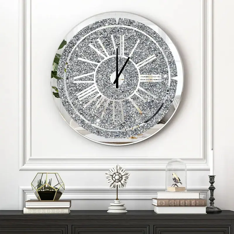 Dazzling Crushed Diamond Finish Classic MDF Hanging Wall Clock - 23.62 in Round, Silent Quartz, Battery-Powered Luxury Room Decor Home Accessory