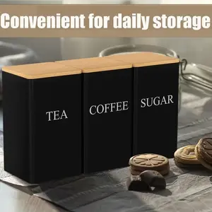 3-Piece Kitchen Metal Storage Canisters, Black White Design for Coffee Beans Tea Sugar Countertop Display