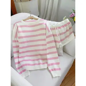 Round-neck loose knit top with contrast stripes and a side slit + low-waist mini shorts, casual-chic two-piece set