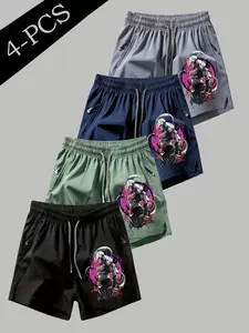 4-Piece American Anime Shorts Set, Mechanical Trendy, Dragon Ball Fan Favorite, Mech Wind Mo Daozhuo Print, Quick-Dry Breathable Fabric