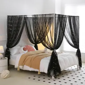 Black Galaxy Sequins Bed Curtains Queen, Gothic Style Gauze Sheer Bed, Bed Scarf for Adults Kids Full Queen Size Bed