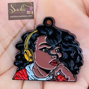 African American, Ethnic, Black Girl with Headphones, Enamel Charm Pendant, DIY Jewlery,  Music Lover