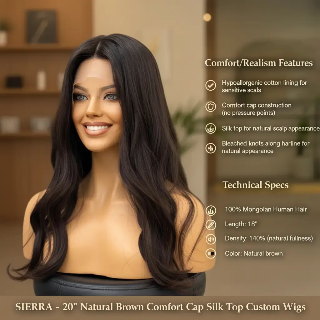 SIERRA - 20" Natural Brown Comfort Cap Silk Top Custom Wigs