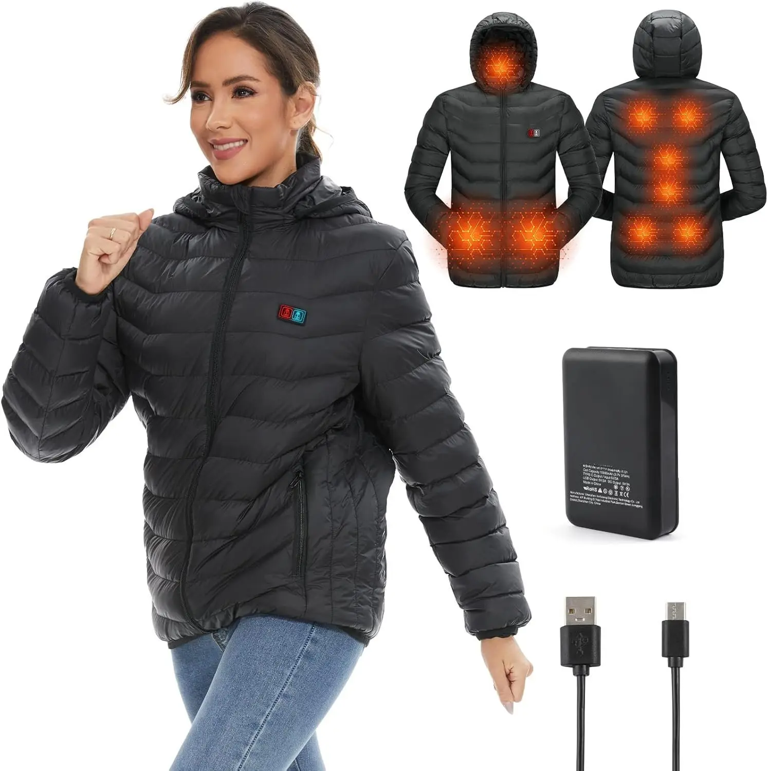 Heated Jackets for Women, 9 Heating Areas With 10000mAh Power ,Winter Warm Outdoor Ski Coat