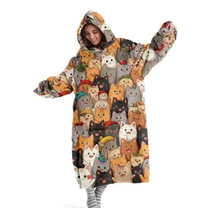 Hooded blanket, Cozy hooded blanket, wearable blanket, women's fleece-lined bathrobe, pajamas, plus-size thickened loungewear with multiple cat prints. Suitable for loungewear at home, perfect as a gift for Christmas or Valentine's Day