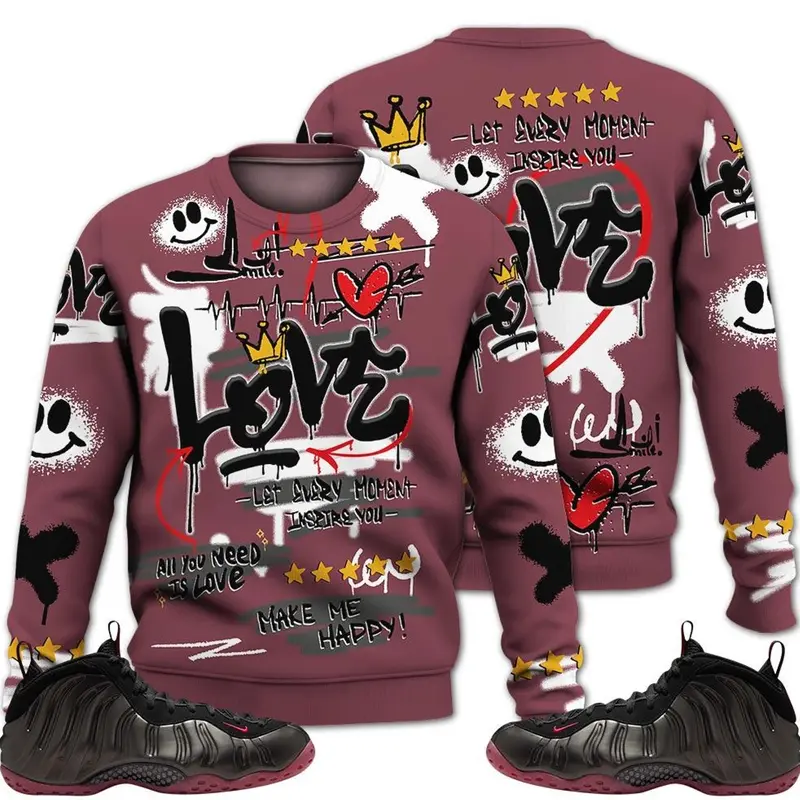 Black and Varsity Red Sweatshirt, Foamposite One Cough Drop Shirt, Happy Love Beats Graffiti Outfits Streetwear Sneaker Matching Fabric Fleece