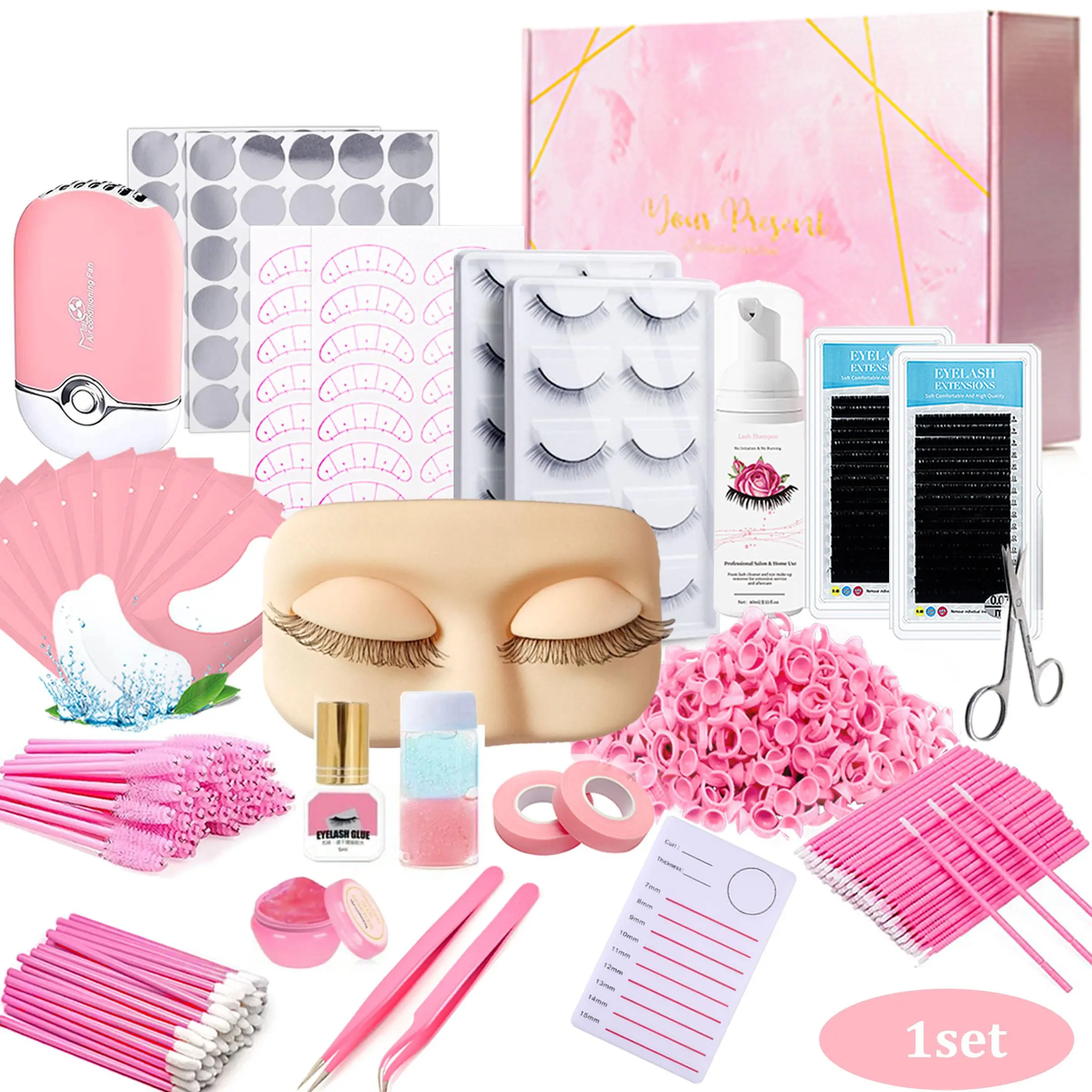 Eyelash Extension Kit with Box, Professional Lash Extension Kit for Beginners, Including Practice Mannequin Head, Lash Trays, Glue and Tweezers