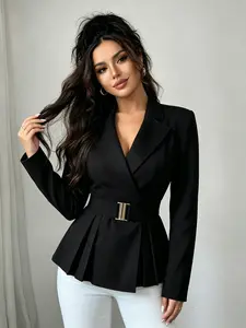 A women's black waist-cinching blazer with belt, Womenswear, featuring a classic black color that is versatile and flattering for all body types. Perfect for office wear, shopping, and casual outings