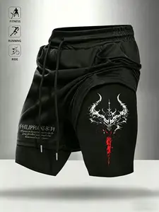 Men's 2-in-1 Gothic Demon Graphic Gym Shorts, Black & Red Blood Splatter Print Compression Liner Workout Shorts, Moisture-Wicking Breathable Athletic Bottoms Perfect for Gym, Running & Urban Street Style, Breathable Printed Shorts