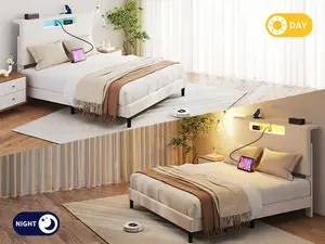 King Size Bed Frame with High Headboard & Adjustable LED Light Charging Function Wood Slat Noiseless No Box Spring Needed Easy Assembly Storage Racks