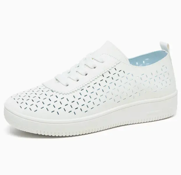 Super comfy breathable athletic shoes that never make feet sweaty, clean white style matches dresses jeans for every summer casual occasion