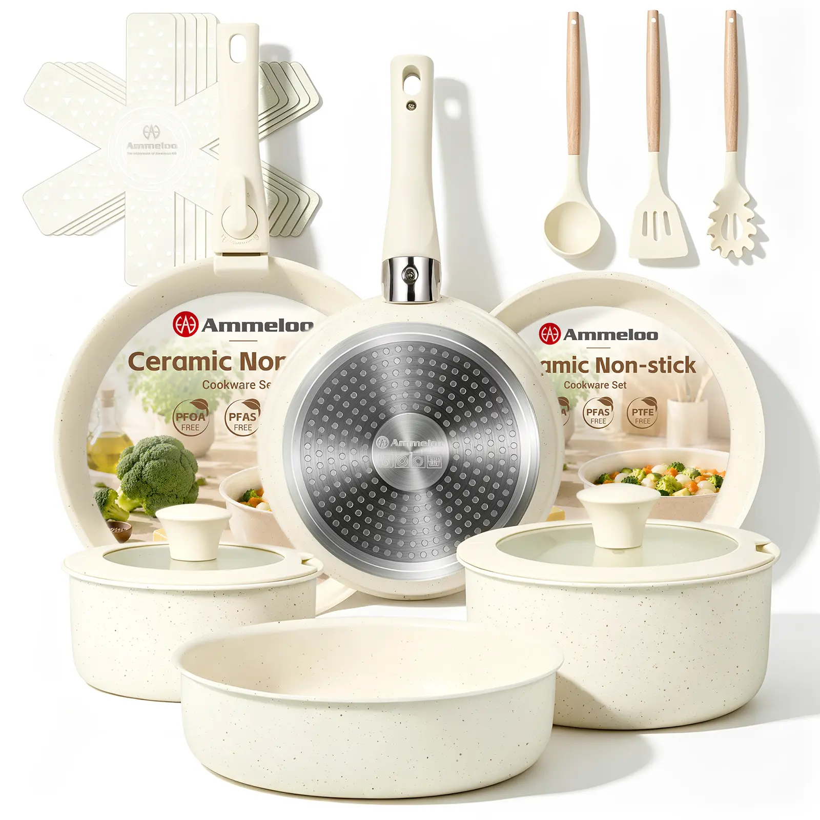 SPK Ammeloo 20-Piece Stackable Ceramic Cookware Set - Detachable Handle, PFAS-Free, Induction Safe, Oven Safe for Everyday Cooking, Varied-Size Round Pans