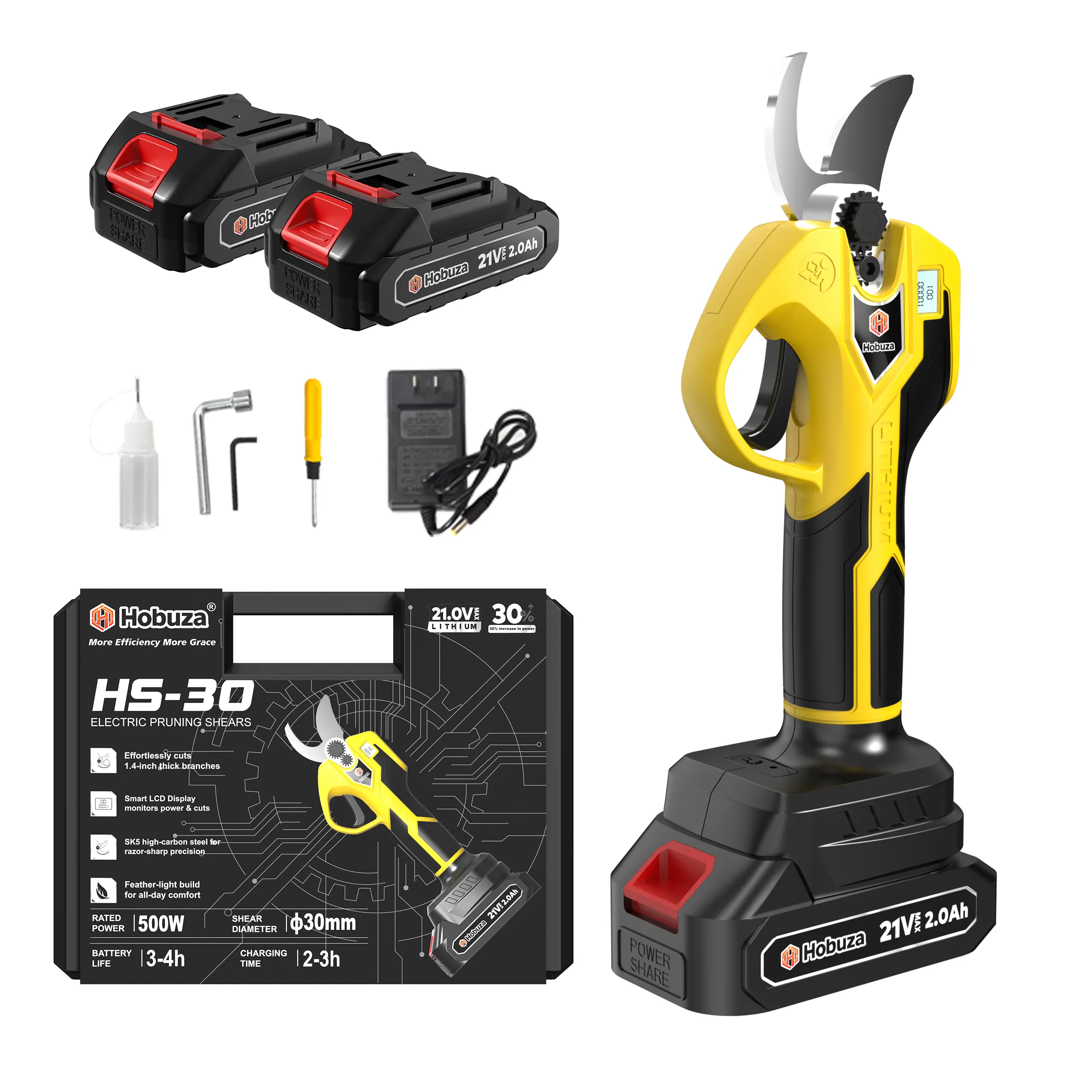 HOBUZA HS-30 Professional Cordless Brushless Electric Pruning Shears with Digital Display, 30mm Cut Capacity, Dual 2000mAh Batteries, 1.1kg Lightweight, 1s Fast Cut Speed, Metal Components, for Orchard Maintenance, Home DIY, Dad & Husband Gift Option, Fat