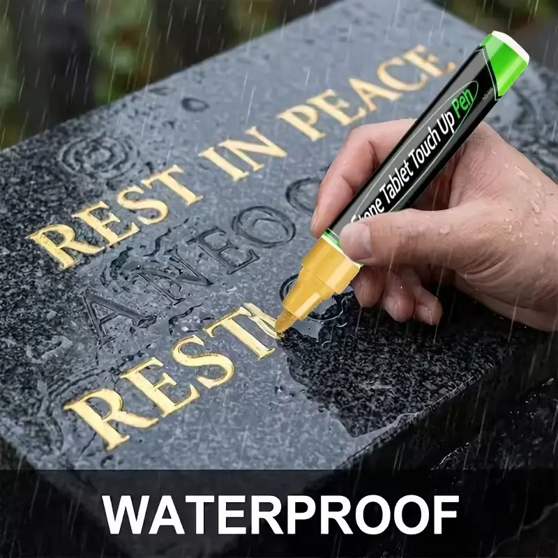 Golden Tombstone Marker, Waterproof Permanent Marker, Restores Faded Text on Tombstones and Granite Surfaces, Weather-resistant, Quick-drying Oil-based Fine Tip, Designed for Cemetery Maintenance and Marble Tile Color Restoration