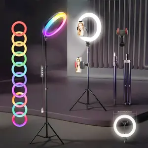 12" RGB Ring Light with Stand and Phone Holder, 63" Tall Tripod with Stepless Dimmable LED Light, Multiple Color Modes Selfie Light for Makeup, Photography, Video Recording, Live Streaming, YouTube, Vlogging, Compatible with All Smartphones