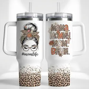 Leopard Print 40oz Insulated Tumbler with Handle & Straw Lid, Funny Messy Bun Mom Gift, Stainless Steel Travel Cup