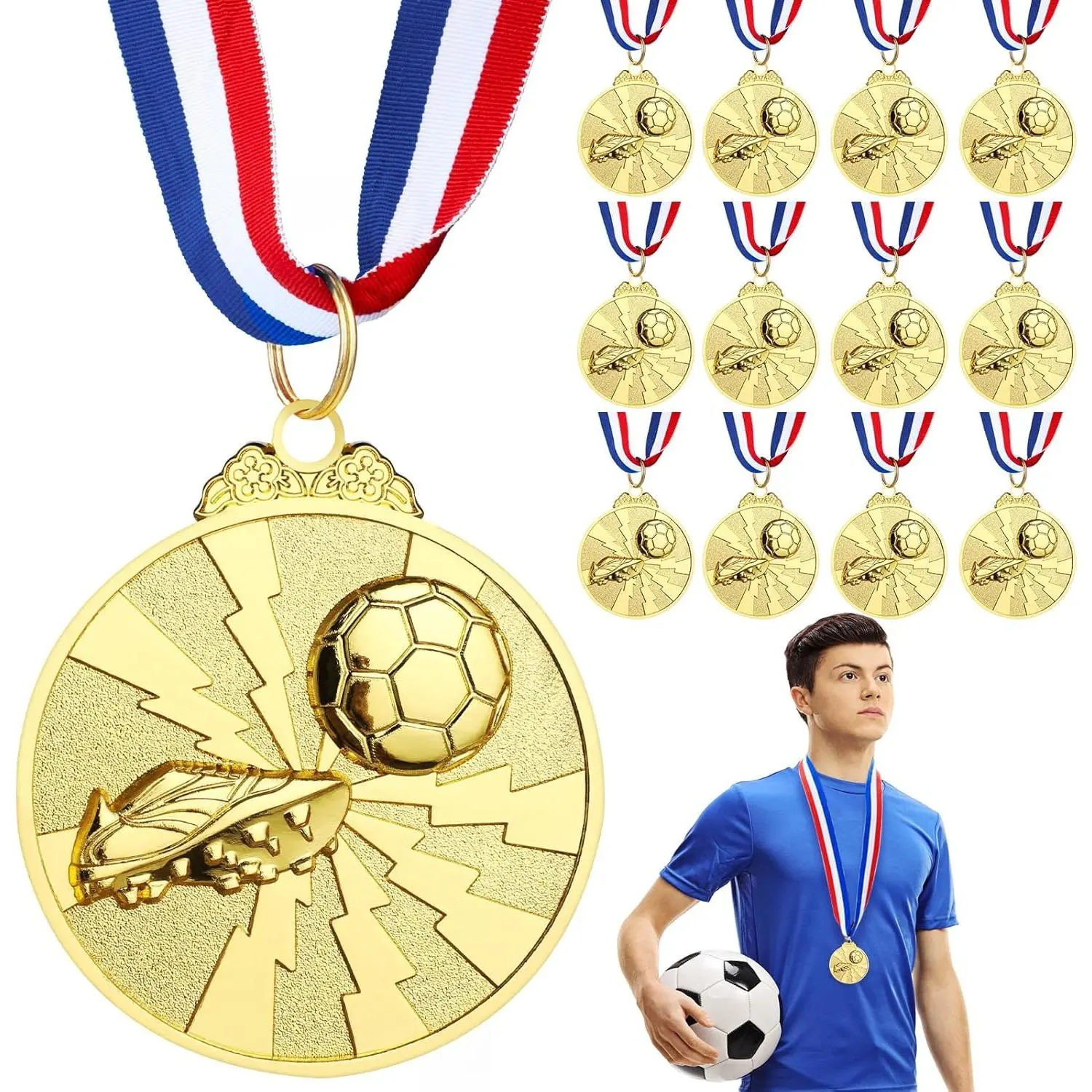 12 Pack Soccer Medals for Teens and Adults, 1st Place Medals Metal Gold Award Medal with Neck Ribbon, Participation Medal for Sports Competitions Celebration and Soccer Party Favors, 2 inch