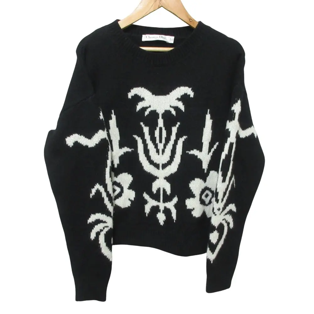 Pre-owned Dior Cashmere Small Leather Goods Christian Monochrome Flower Knit Sweater
