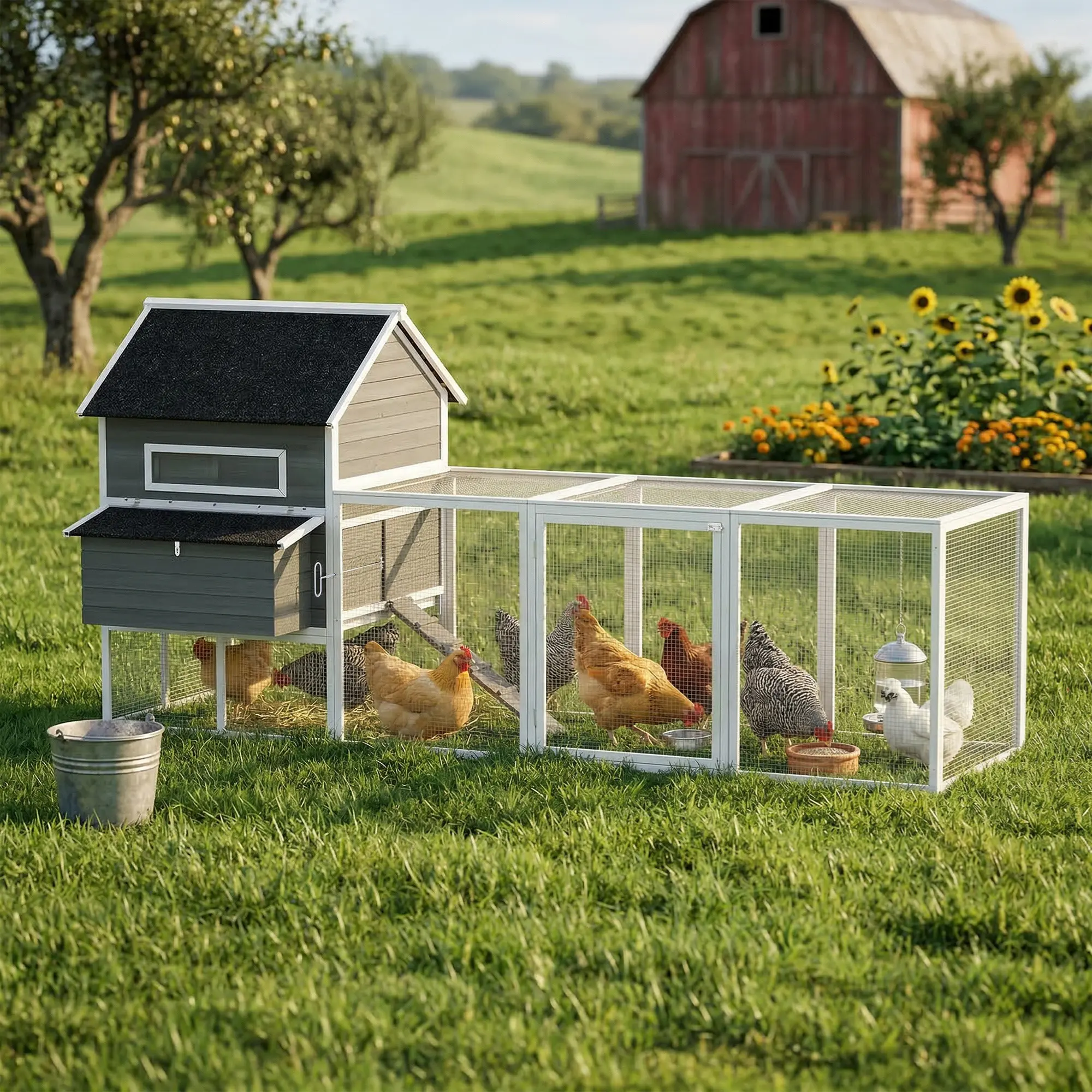 Solid Wood Weatherproof Elevated Chicken Coop, 2 Dual Boxes, Laying Space, Large Activity Area for Garden, Backyard, Lawn Rural Farm Poultry Raising