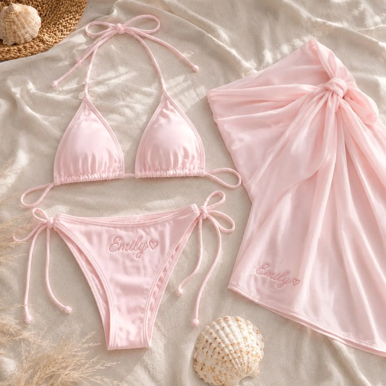 Personalized Embroidered Bride Bikini Set with Matching Sarong, Custom Name Bridal Swimwear for Honeymoon & Bachelorette Party
