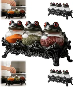 Witchy Frog Apothecary Spice Jars, Handcrafted Vintage Glass Storage Jars with Red-Eyed Frog Lids,Kitchen Herb Teas Food Storage Containers for Home Decor Fun Display (3-piece set)