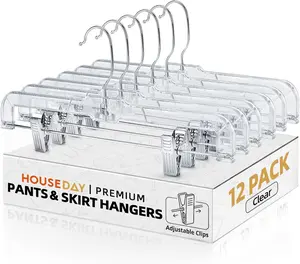 HOUSE DAY 12 Pack 14 inch Clear Plastic Skirt Hangers with Adjustable Clips, Pants Hangers 360-Rotating Swivel Hook, Clip Hangers for Pants, Trousers, Skirts, Jeans, Bulk Plastic Hangers