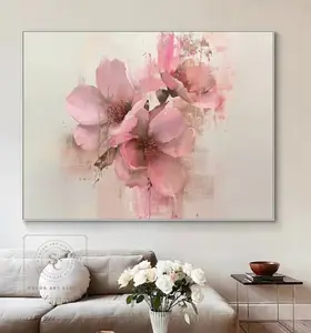 Original Flower Abstract Painting Pink Flower Painting Large Floral Wall Art Pink Textured Art Modern Beige Canvas Painting Pink Wall Art