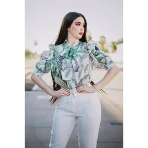 Tie-Neck Printed Short Sleeve Blouse Top