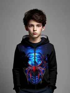 Spider-Man Pattern 3D Print Boys Zipper Hoodie, Anime Theme Scene Suitable, Casual Style, Fitted Fit, Moderate Fabric, Fall & Winter Wear