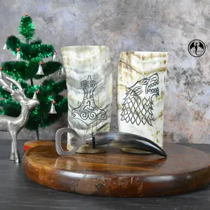Viking Drinking Horn Cups Set of 2 with Bottle Opener| 8oz Unique Tumbler| Genuine Ox Horns Viking Gifts for Men & Women| Handmade| Engraved Shine Finish (Fenrir & Mjolnir)