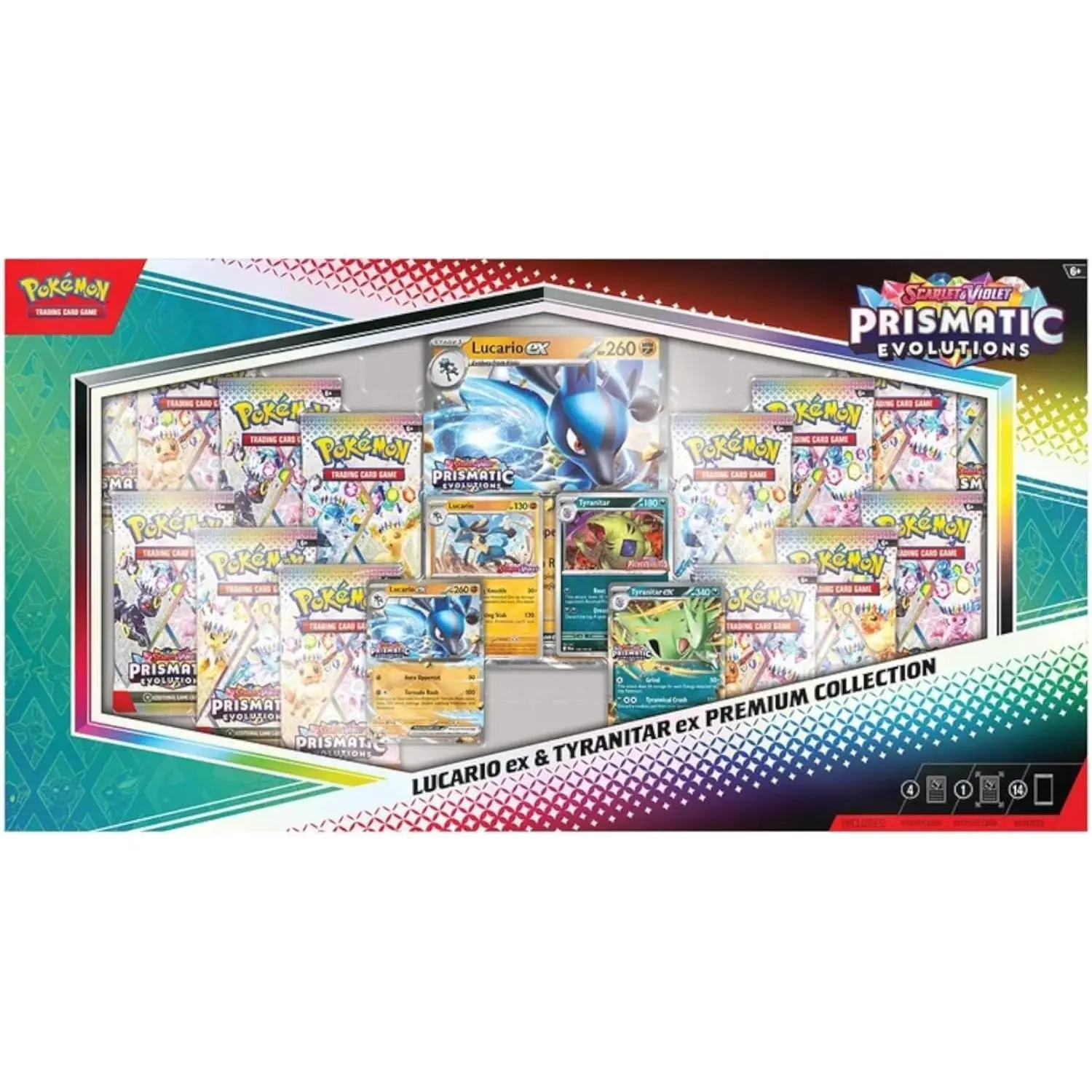 Pokemon TCG Scarlet & Violet Prismatic Evolutions Lucario ex & Tyranitar ex Premium Collection Box - 14 Packs