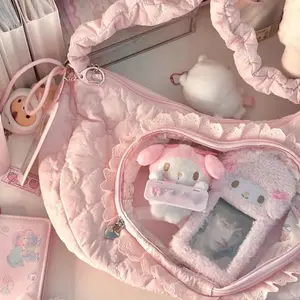 Pink Cute Womens Shoulder Bag Pleated Love Heart Lolita Jk Ita Bag Drawstring Ballet Style Sweet Fashion Female Handbag