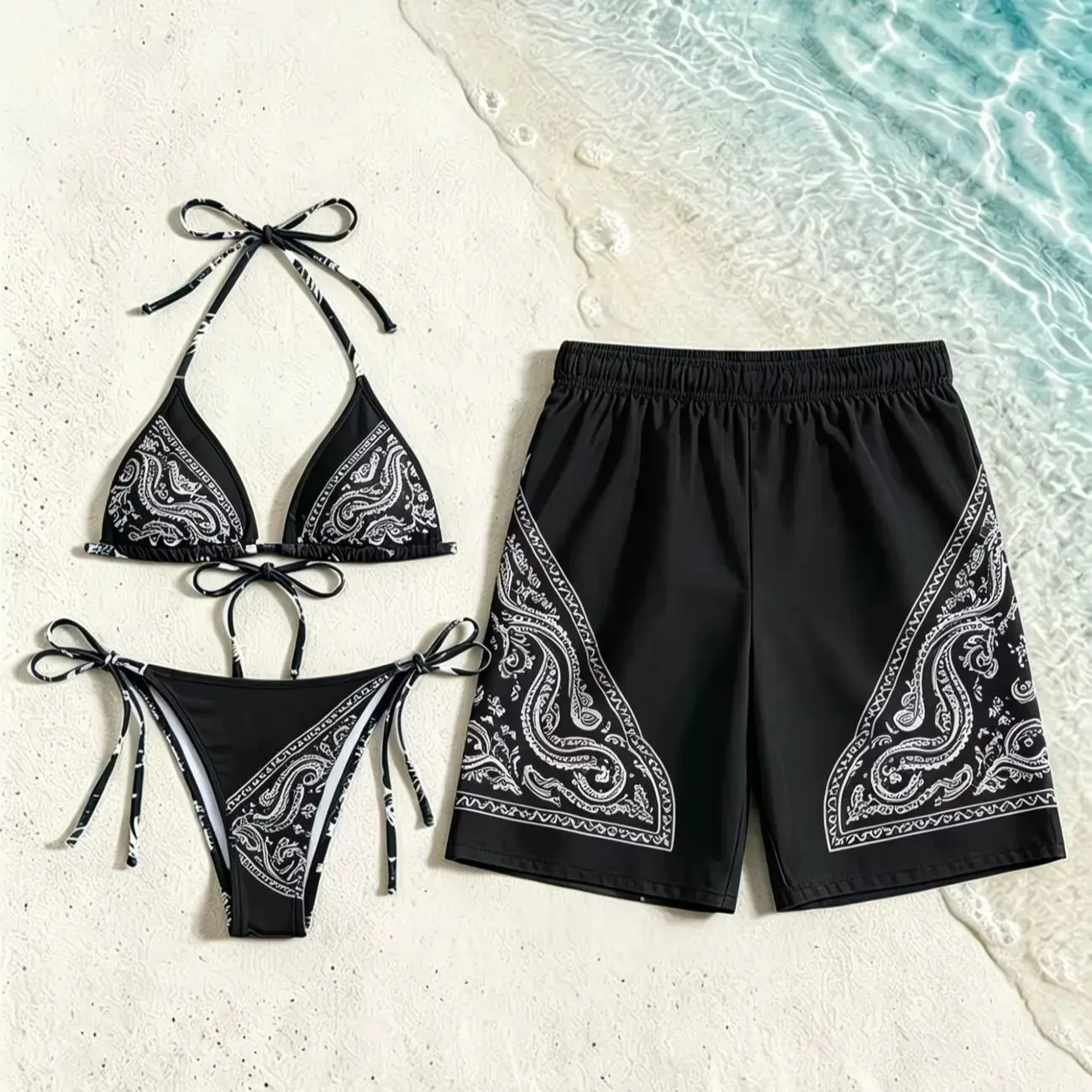 Matching Couple Black White Paisley Bandana Swimwear Set, Women Halter Tie Side Vintage Paisley Border Bikini+ Men Black Side Panel Paisley Graphic Board Shorts, 3pcs Western Retro Street Beach Bathing Suit