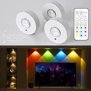 LED Rechargeable Puck Lights with Remote Control, RGB Under Cabinet Lighting  Operated, Push Lights for Classroom Bar Shelf Book Shelf Shelves, Circle White  Stick On Light 3 count
