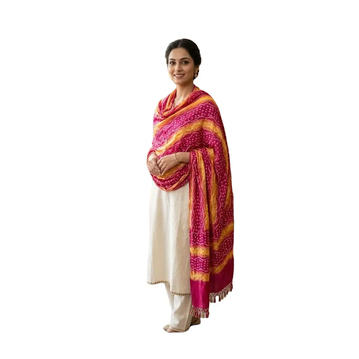 SW-7 Vibrant Bandhani Shawl/Dupatta in Fuchsia Pink & Marigold Yellow – Lightweight Crinkled Wrap with White Dots